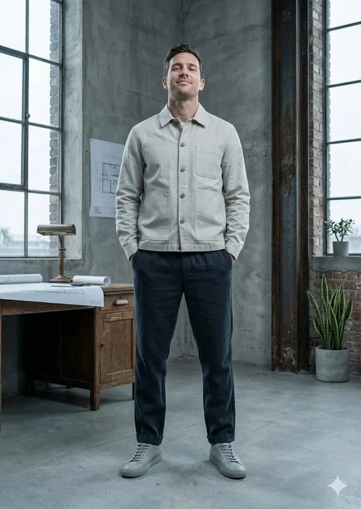 KAUFAST team member standing in a modern industrial office with concrete walls and large windows