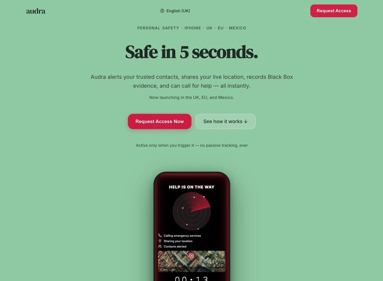 Audra — Personal safety app for women — one gesture, five simultaneous SOS streams