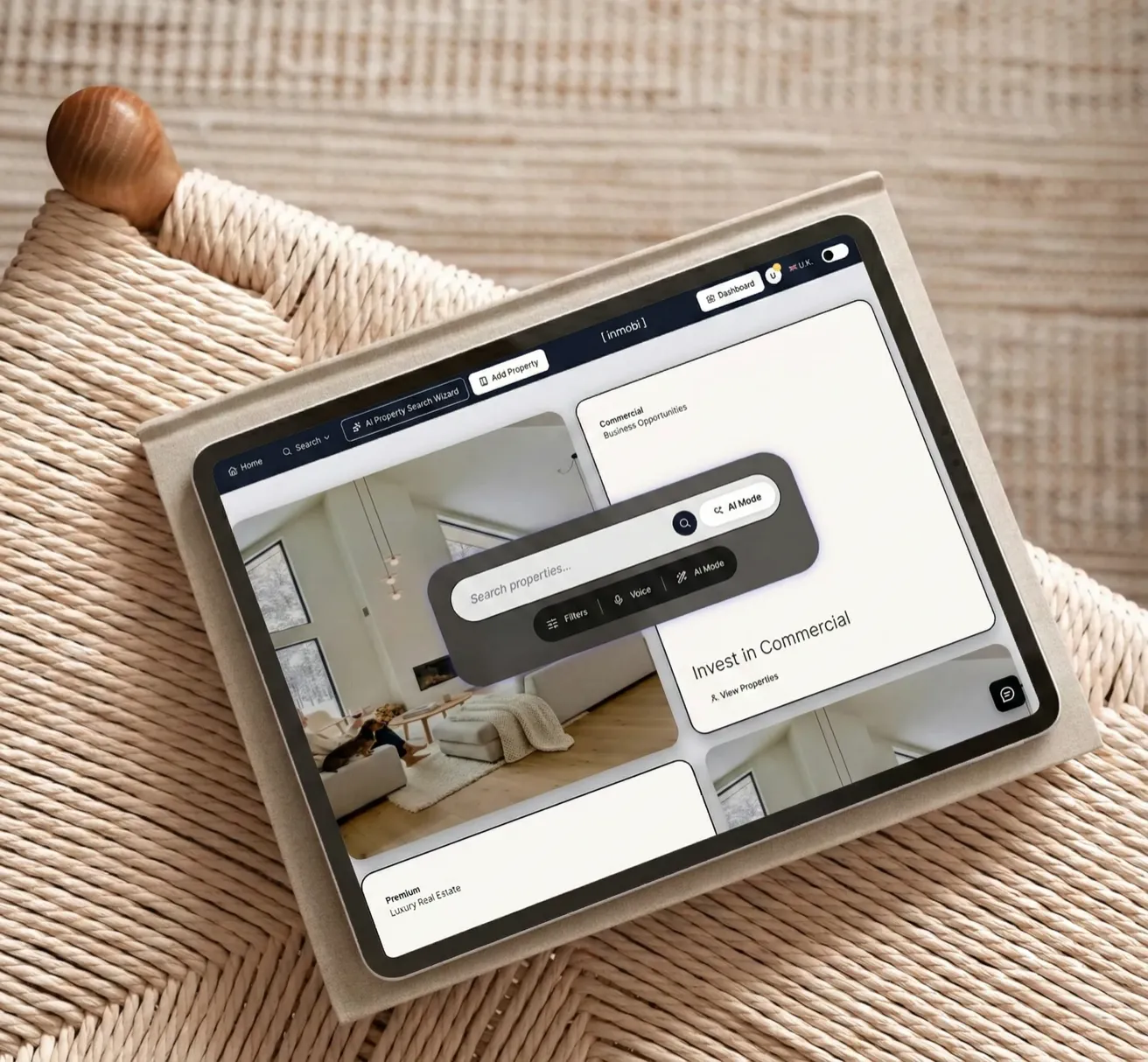 Plataforma imobiliária Inmobi com IA mostrando software personalizado KAUFAST
