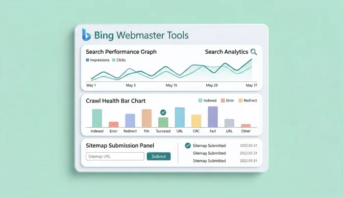 Bing Webmaster Tools dashboard showing site performance, search analytics, and crawl health metrics