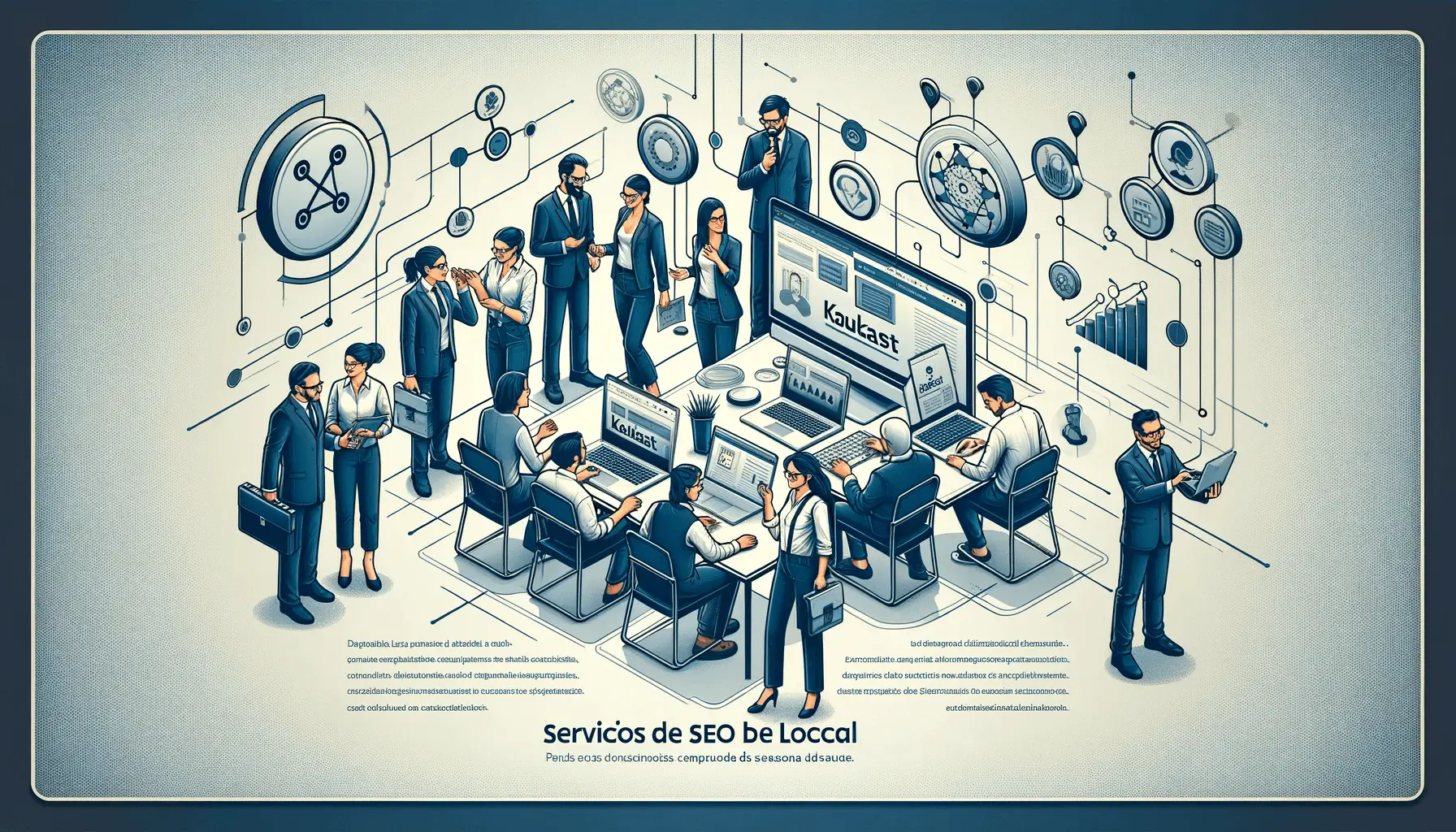 Isometric illustration of Kaufast's SEO team working collaboratively on digital marketing campaigns