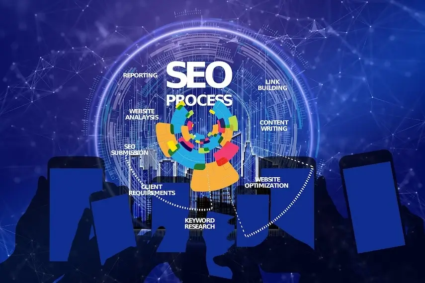 Interfaz digital conceptual que muestra el proceso de SEO con varios pasos de optimización